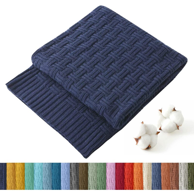 TREELY 100% Cotton Knitted Throw Blanket Couch Cover Blanket(60 x 80 Inches, Navy Blue) - Image 1